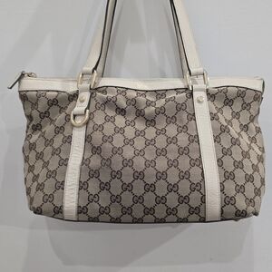 Gucci Abbey Beige GG Monogram Canvas Tote with Cream Trim